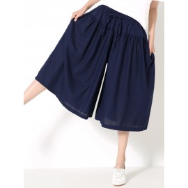 Wide Leg Women Pure Color Cotton Linen Elastic Waist Pants