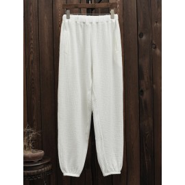 Casual Women Elastic Waist Linen Cotton Solid Pants