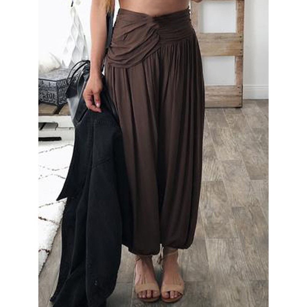 Women Pure Color High Elastic Waist Loose Pleated Pants