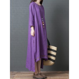 Vintage Women Linen Loose Pure Color Long Sleeve Dress