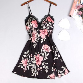 Lace Floral Open Side Design Camisole Removable Padded Nightgown