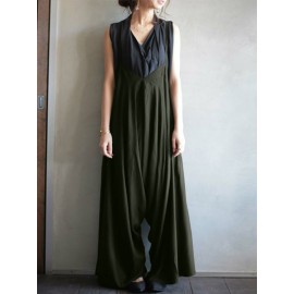 Women Sleeveless V Neck Straps Jumpsuit Wide Leg Overalls Romper