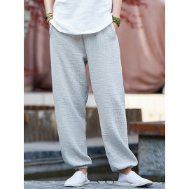 Casual Women Elastic Waist Linen Cotton Solid Pants