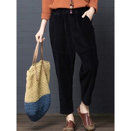 Women Casual Pure Color Elastic Waist Corduroy Harlan Pants