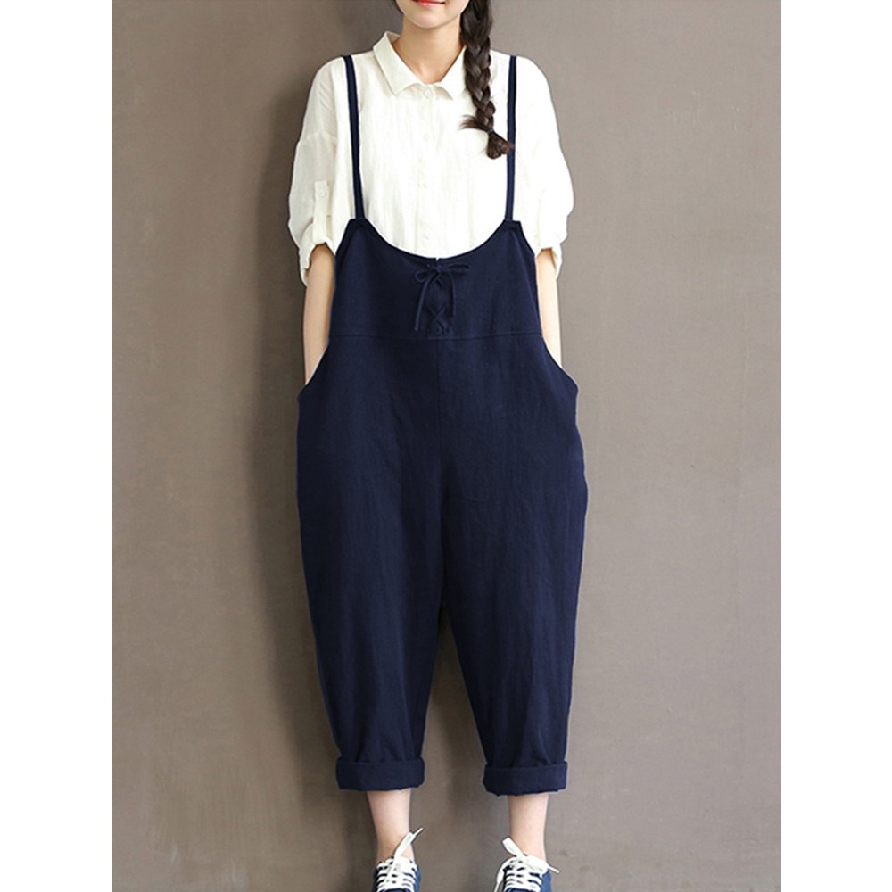 Women Sleeveless Straps Cotton Harem Jumpsuit Overall