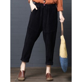 Women Casual Pure Color Elastic Waist Corduroy Harlan Pants