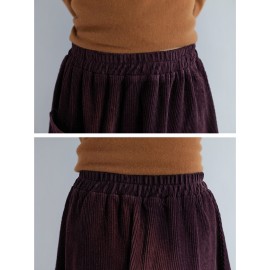 Embroidery Elastic Waist Loose Hem Corduroy Skirts with Pocket