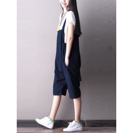 S-5XL Women Cotton Loose Solid Color Jumpsuit with Pockets