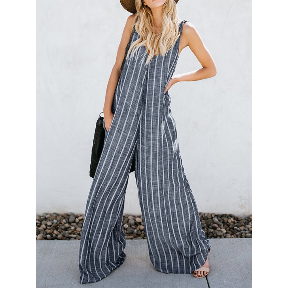 Women Sexy V-neck Sleeveless Striped Pockets Wide Legged Jumpsuit