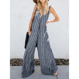 Women Sexy V-neck Sleeveless Striped Pockets Wide Legged Jumpsuit