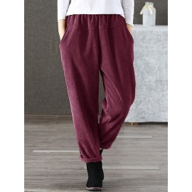 S-5XL Women Casual Pure Color Elastic Waist Corduroy Pants