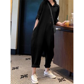 Casual Women Cotton Pure Color Button Long Sleeve Jumpsuit