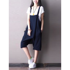 S-5XL Women Cotton Loose Solid Color Jumpsuit with Pockets