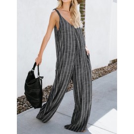 Women Sexy V-neck Sleeveless Striped Pockets Wide Legged Jumpsuit