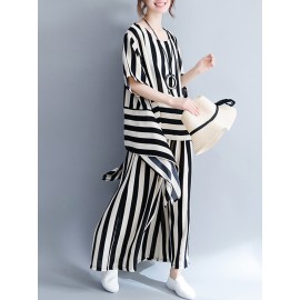 Women Casual Loose Striped Tops+Pants Sets