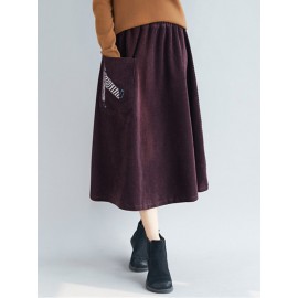 Embroidery Elastic Waist Loose Hem Corduroy Skirts with Pocket