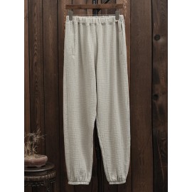 Casual Women Elastic Waist Linen Cotton Solid Pants