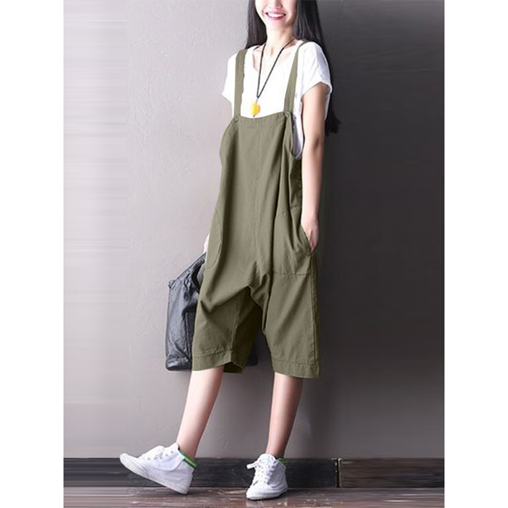 S-5XL Women Cotton Loose Solid Color Jumpsuit with Pockets