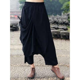 Wide Leg Women Cotton Linen Solid Color Elastic Waist Irregular Pants