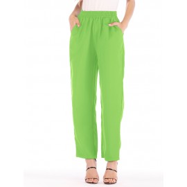 Women Casual Pure Color High Waist Elastic Waist Pants