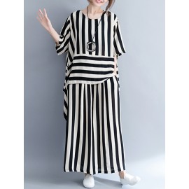 Women Casual Loose Striped Tops+Pants Sets