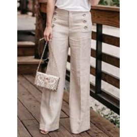 Women Casual Cotton Linen Solid Color High Waist Button Pants