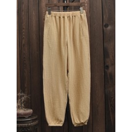 Casual Women Elastic Waist Linen Cotton Solid Pants