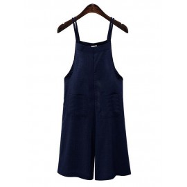 Women Cotton Solid Color Strap Jumpsuit with Pockets