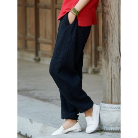 Casual Women Elastic Waist Linen Cotton Solid Pants