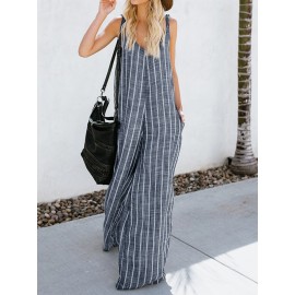 Women Sexy V-neck Sleeveless Striped Pockets Wide Legged Jumpsuit