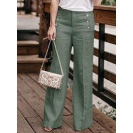 Women Casual Cotton Linen Solid Color High Waist Button Pants