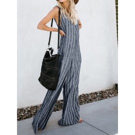 Women Sexy V-neck Sleeveless Striped Pockets Wide Legged Jumpsuit