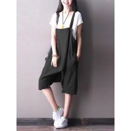 S-5XL Women Cotton Loose Solid Color Jumpsuit with Pockets