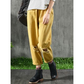 Women Vintage Elastic Waist Pockets Cotton Pants