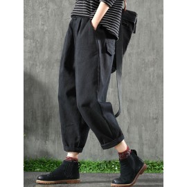 Women Vintage Elastic Waist Pockets Cotton Pants