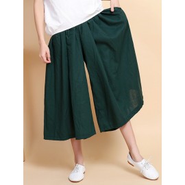 Women Wide Leg Solid Color Cotton Linen Elastic Waist Pants