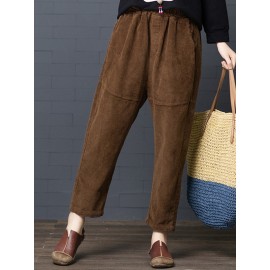 Women Casual Pure Color Elastic Waist Corduroy Harlan Pants