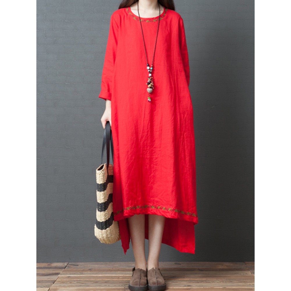 Vintage Women Linen Loose Pure Color Long Sleeve Dress