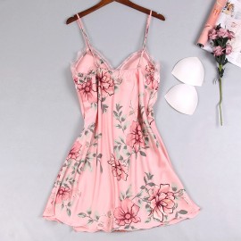 Lace Floral Open Side Design Camisole Removable Padded Nightgown