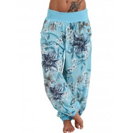 Women Casual Loose Floral Print Button Full Length Pants