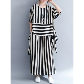 Women Casual Loose Striped Tops+Pants Sets