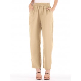 Women Casual Pure Color High Waist Elastic Waist Pants