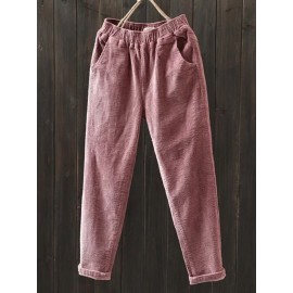 Women Casual Pure Color Elastic Waist Corduroy Pants