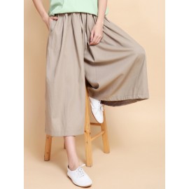 Women Wide Leg Solid Color Cotton Linen Elastic Waist Pants