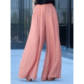 Women High Waist Solid Color Chiffon Wide Leg Pants