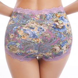 Lace Floral Printed Hip Up Comfy Mid Waist Silk Cotton Crotch Panties