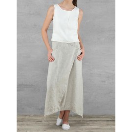 S-5XL Women Cotton Elastic Waist Side Pockets Irregular Interlaced Skirts