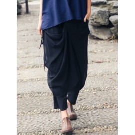 Wide Leg Women Cotton Linen Solid Color Elastic Waist Irregular Pants