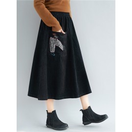 Embroidery Elastic Waist Loose Hem Corduroy Skirts with Pocket