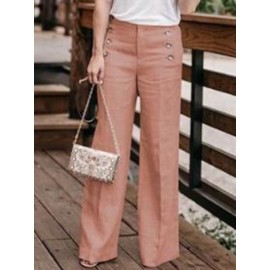 Women Casual Cotton Linen Solid Color High Waist Button Pants